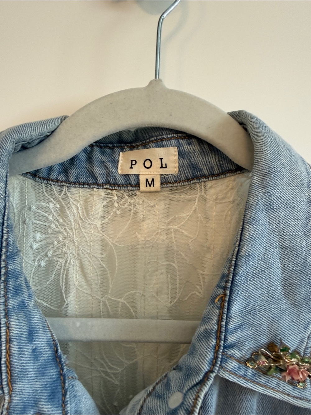 POL Distressed Patchwork Denim Vest with Lace and Embroidery - Picture 2 of 6